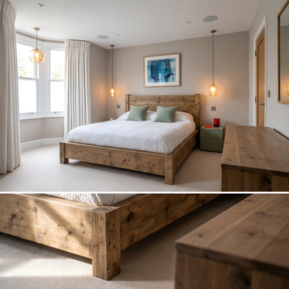 Ashbourne Bed Frame 30cm High  / Chunky Solid Rustic Pine Bed with Headboard
