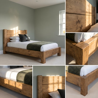 Ashbourne Single Bed Frame 30cm High  / Chunky Solid Rustic Pine Bed with Headboard