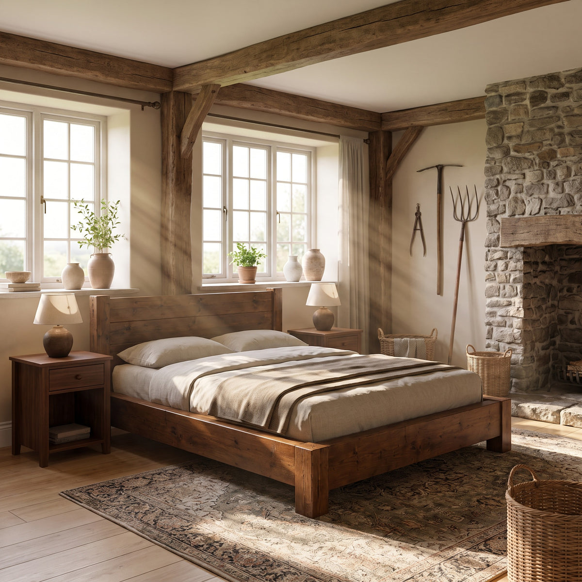 Ashbourne Walnut Colour Bed Frame 30cm High  / Chunky Solid Rustic Pine Bed with Headboard