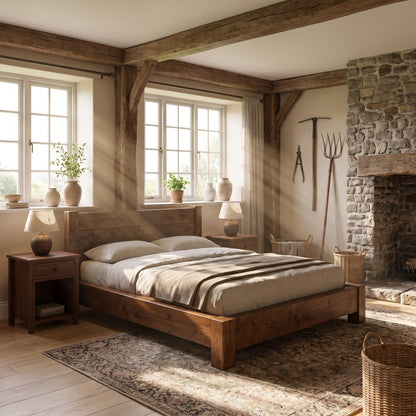 Ashbourne Walnut Colour Bed Frame 30cm High  / Chunky Solid Rustic Pine Bed with Headboard