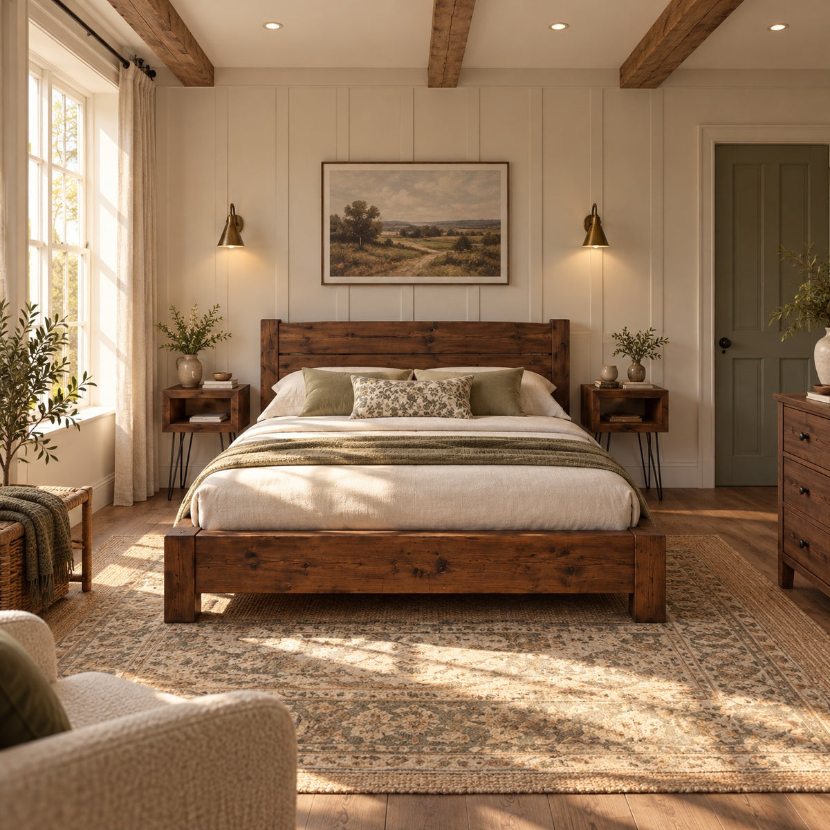 Ashbourne Walnut Colour Bed Frame 30cm High  / Chunky Solid Rustic Pine Bed with Headboard