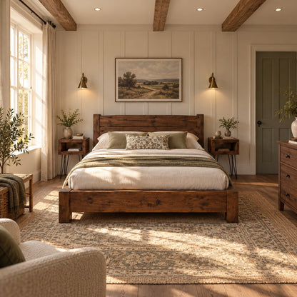 Ashbourne Walnut Colour Bed Frame 30cm High  / Chunky Solid Rustic Pine Bed with Headboard