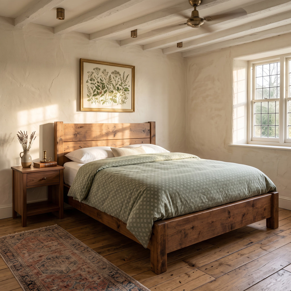 Ashbourne Walnut Colour Bed Frame 30cm High  / Chunky Solid Rustic Pine Bed with Headboard