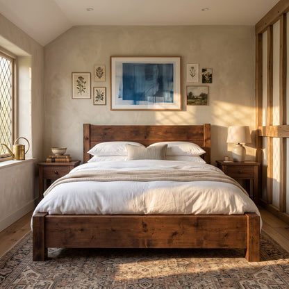 Ashbourne Walnut Colour Bed Frame 30cm High  / Chunky Solid Rustic Pine Bed with Headboard
