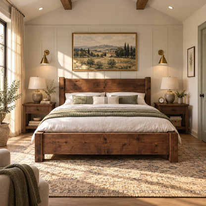Ashbourne Walnut Colour Bed Frame 30cm High  / Chunky Solid Rustic Pine Bed with Headboard