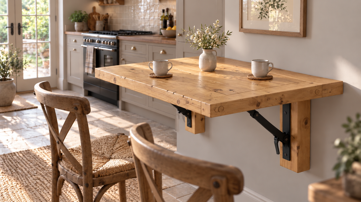 ASHCOMBE Light Oak Rustic Foldable Wall-Mounted Solid Wood Table – Rustic Wood with Foldable Brackets – Space-Saving Desk