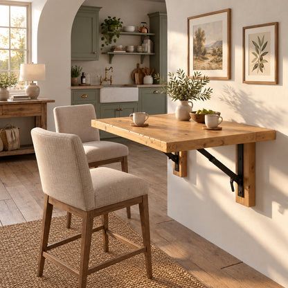 ASHCOMBE Light Oak Rustic Foldable Wall-Mounted Solid Wood Table – Rustic Wood with Foldable Brackets – Space-Saving Desk