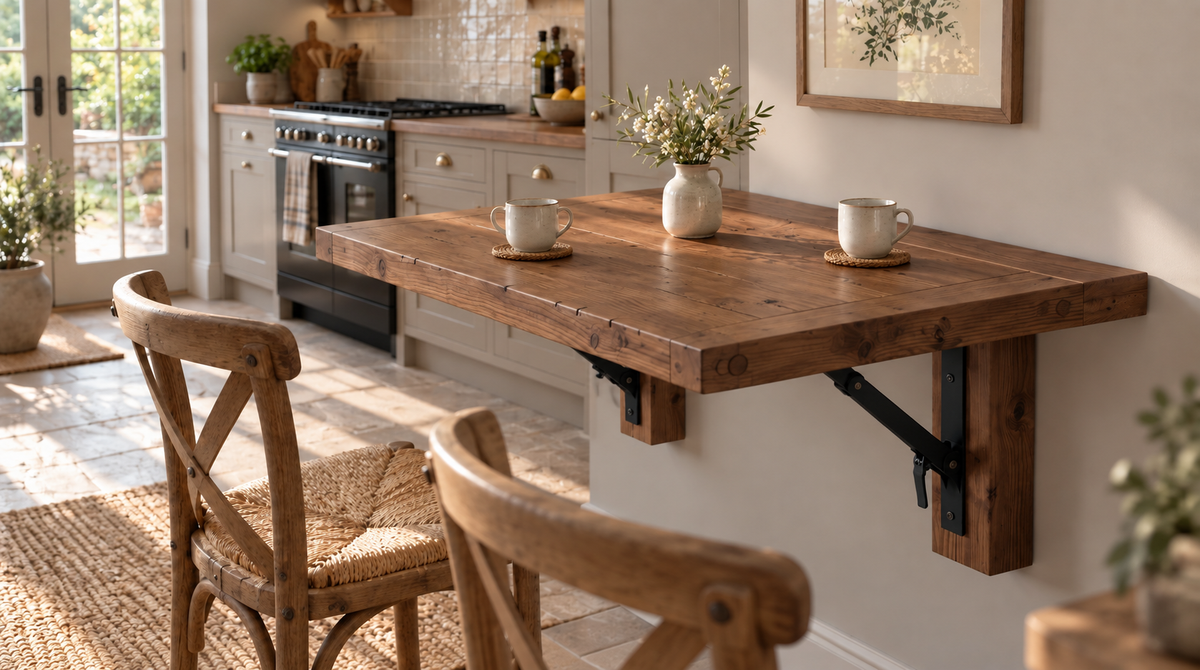 ASHCOMBE Walnut Rustic Foldable Wall-Mounted Solid Wood Table – Rustic Wood with Foldable Brackets – Space-Saving Desk