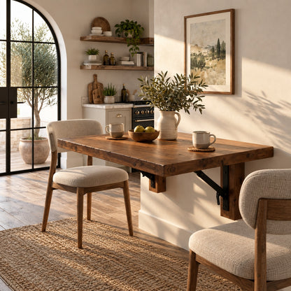 ASHCOMBE Walnut Rustic Foldable Wall-Mounted Solid Wood Table – Rustic Wood with Foldable Brackets – Space-Saving Desk