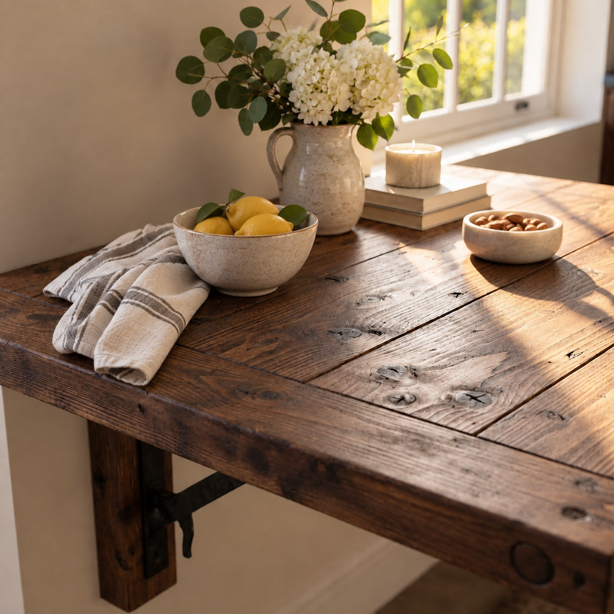 ASHCOMBE Walnut Rustic Foldable Wall-Mounted Solid Wood Table – Rustic Wood with Foldable Brackets – Space-Saving Desk