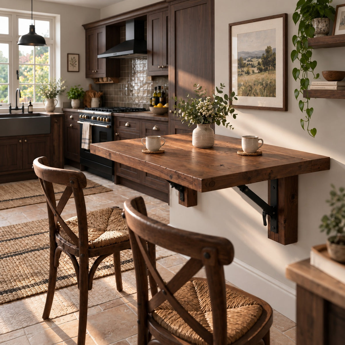 ASHCOMBE Walnut Rustic Foldable Wall-Mounted Solid Wood Table – Rustic Wood with Foldable Brackets – Space-Saving Desk