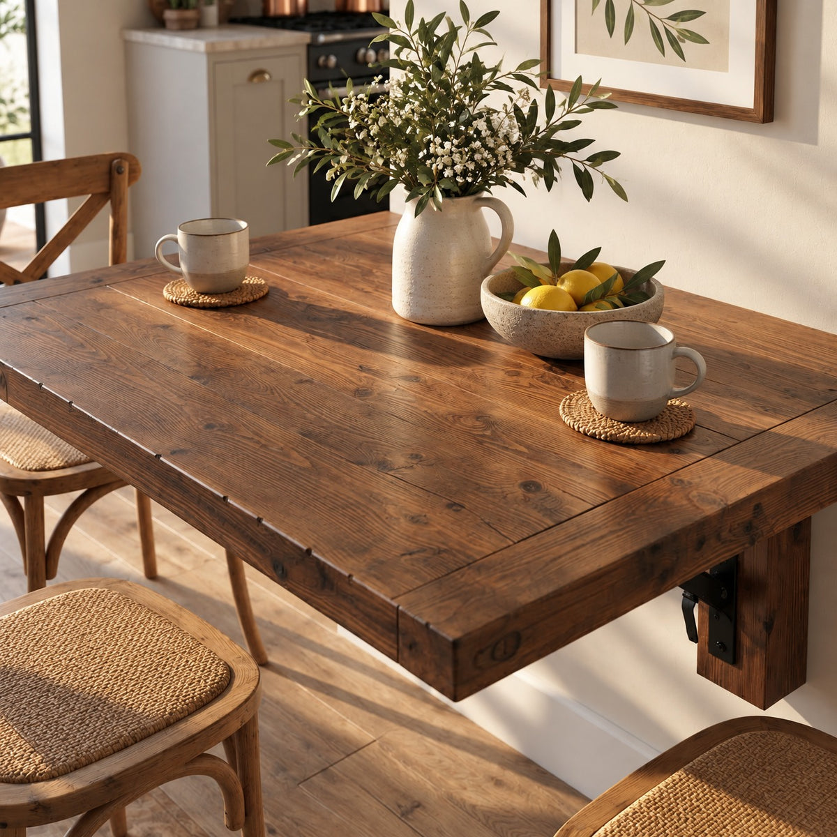 ASHCOMBE Walnut Rustic Foldable Wall-Mounted Solid Wood Table – Rustic Wood with Foldable Brackets – Space-Saving Desk