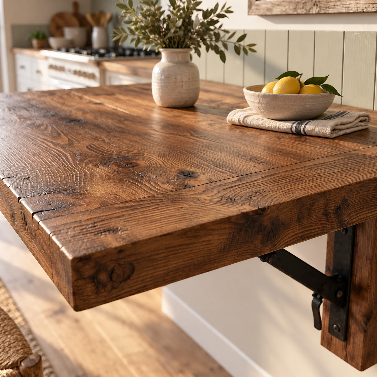 ASHCOMBE Walnut Rustic Foldable Wall-Mounted Solid Wood Table – Rustic Wood with Foldable Brackets – Space-Saving Desk