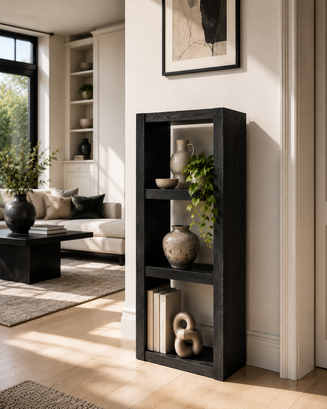 Askeby Ebony Solid Wood Corner Bookshelf – Open Bookcase, Rustic Scandinavian Design