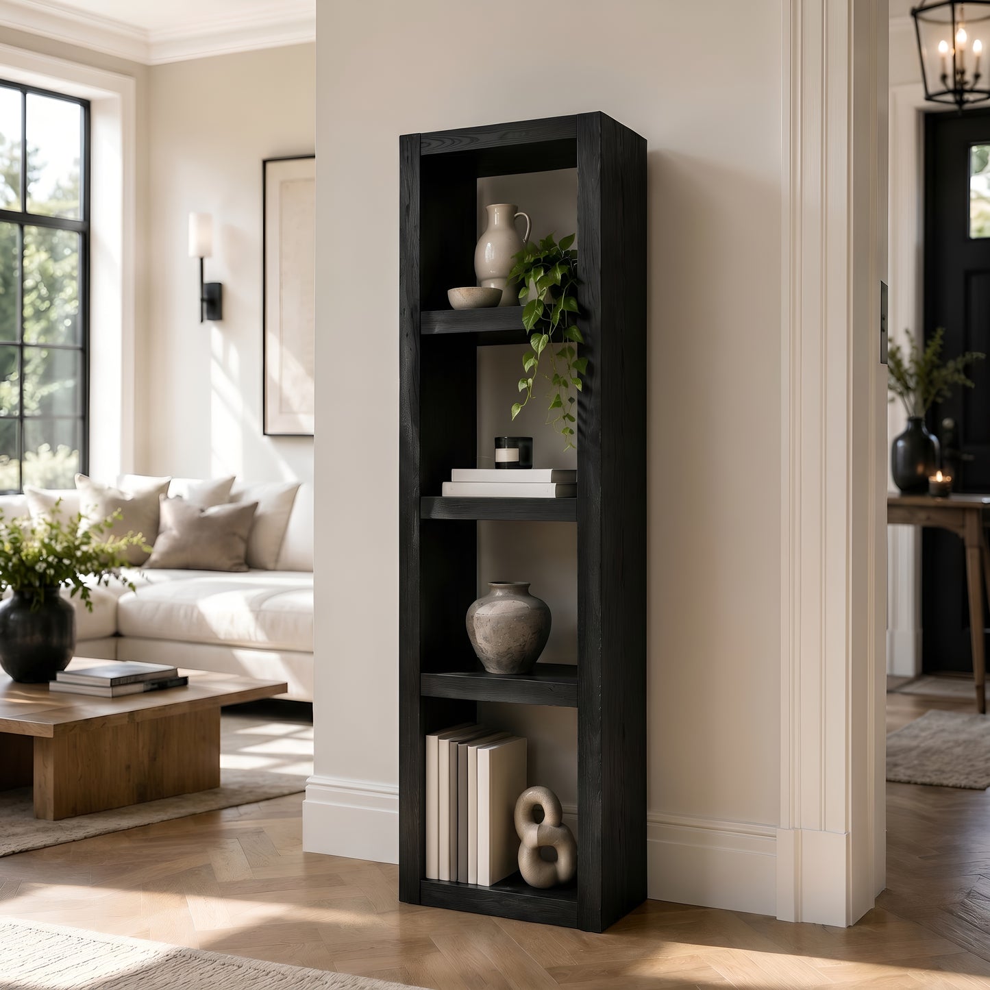 Askeby Ebony Solid Wood Corner Bookshelf – Open Bookcase, Rustic Scandinavian Design