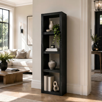 Askeby Ebony Solid Wood Corner Bookshelf – Open Bookcase, Rustic Scandinavian Design