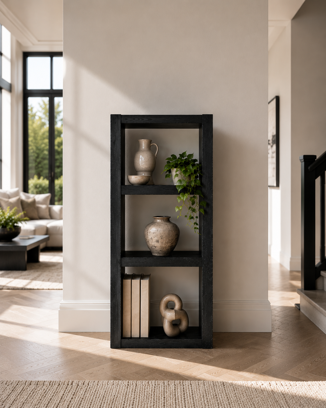 Askeby Ebony Solid Wood Corner Bookshelf – Open Bookcase, Rustic Scandinavian Design