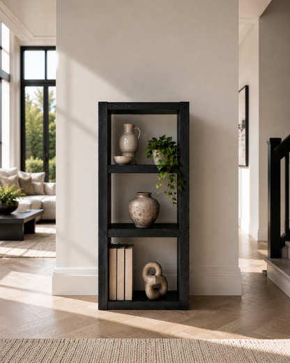 Askeby Ebony Solid Wood Corner Bookshelf – Open Bookcase, Rustic Scandinavian Design