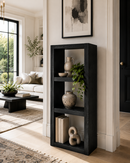Askeby Ebony Solid Wood Corner Bookshelf – Open Bookcase, Rustic Scandinavian Design