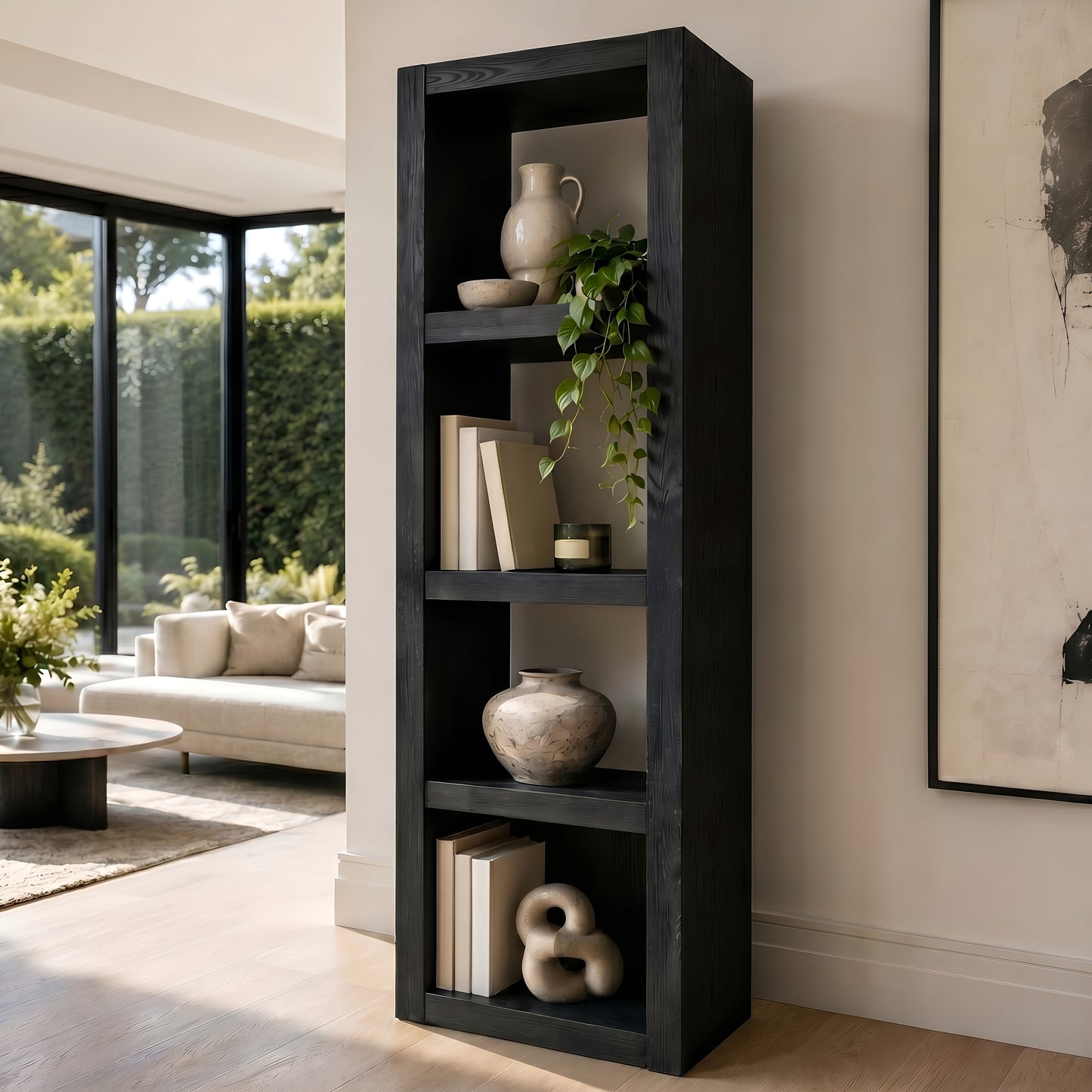 Askeby Ebony Solid Wood Corner Bookshelf – Open Bookcase, Rustic Scandinavian Design