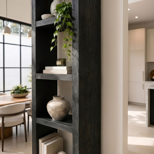 Askeby Ebony Solid Wood Corner Bookshelf – Open Bookcase, Rustic Scandinavian Design