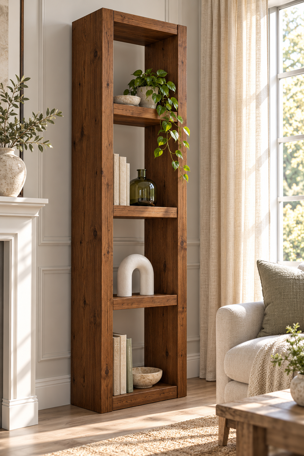 Askeby Walnut Colour Solid Wood Bookshelf – Open Bookcase, Rustic Scandinavian Design