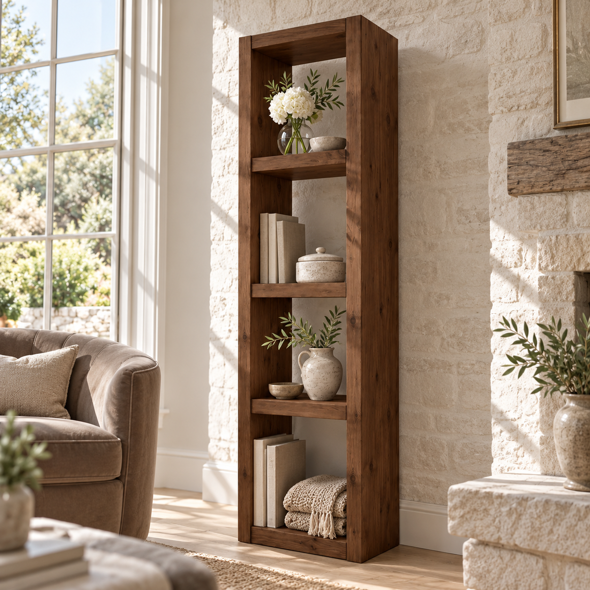 Askeby Walnut Colour Solid Wood Bookshelf – Open Bookcase, Rustic Scandinavian Design