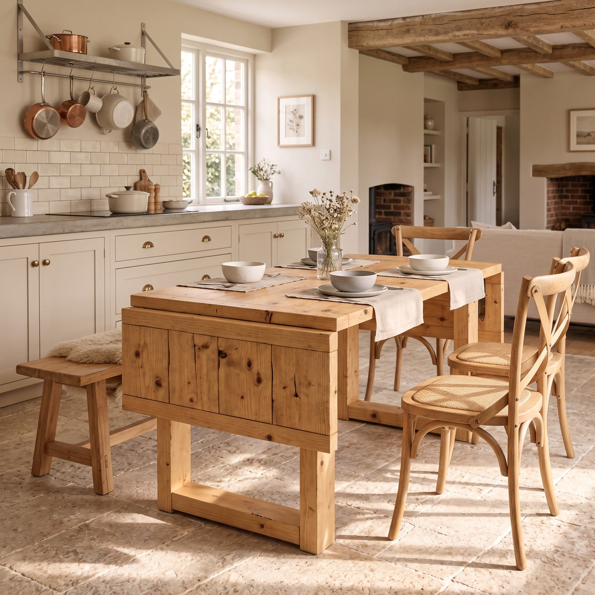 AURELIA Light Oak Colour Solid Wood Extendable Dining Table with Folding Ends | Rustic Farmhouse Foldable Table