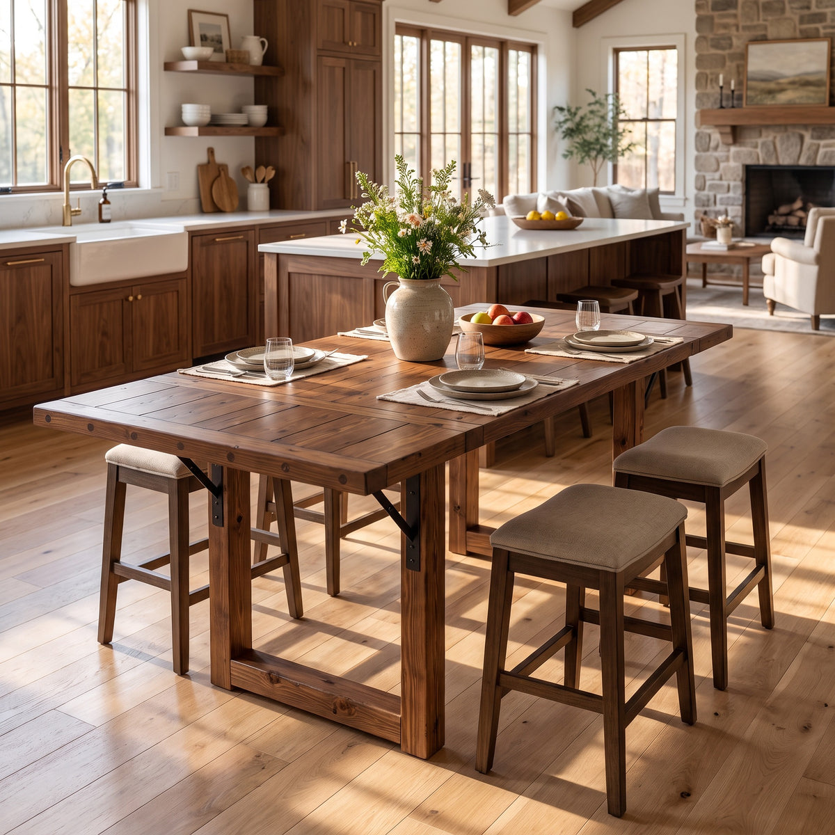 AURELIA Walnut Colour Solid Wood Extendable Dining Table with Folding Ends | Rustic Farmhouse Foldable Table