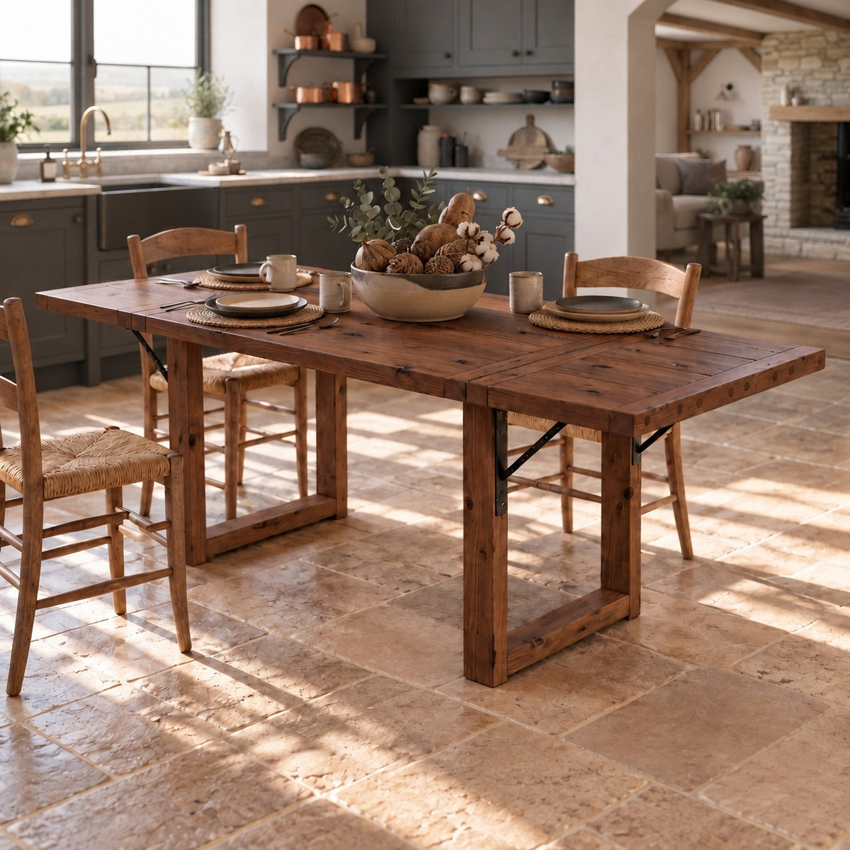 AURELIA Walnut Colour Solid Wood Extendable Dining Table with Folding Ends | Rustic Farmhouse Foldable Table