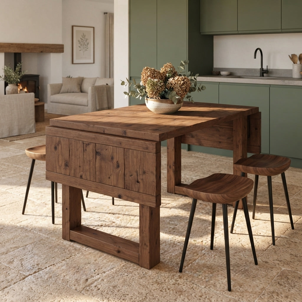 AURELIA Walnut Colour Solid Wood Extendable Dining Table with Folding Ends | Rustic Farmhouse Foldable Table