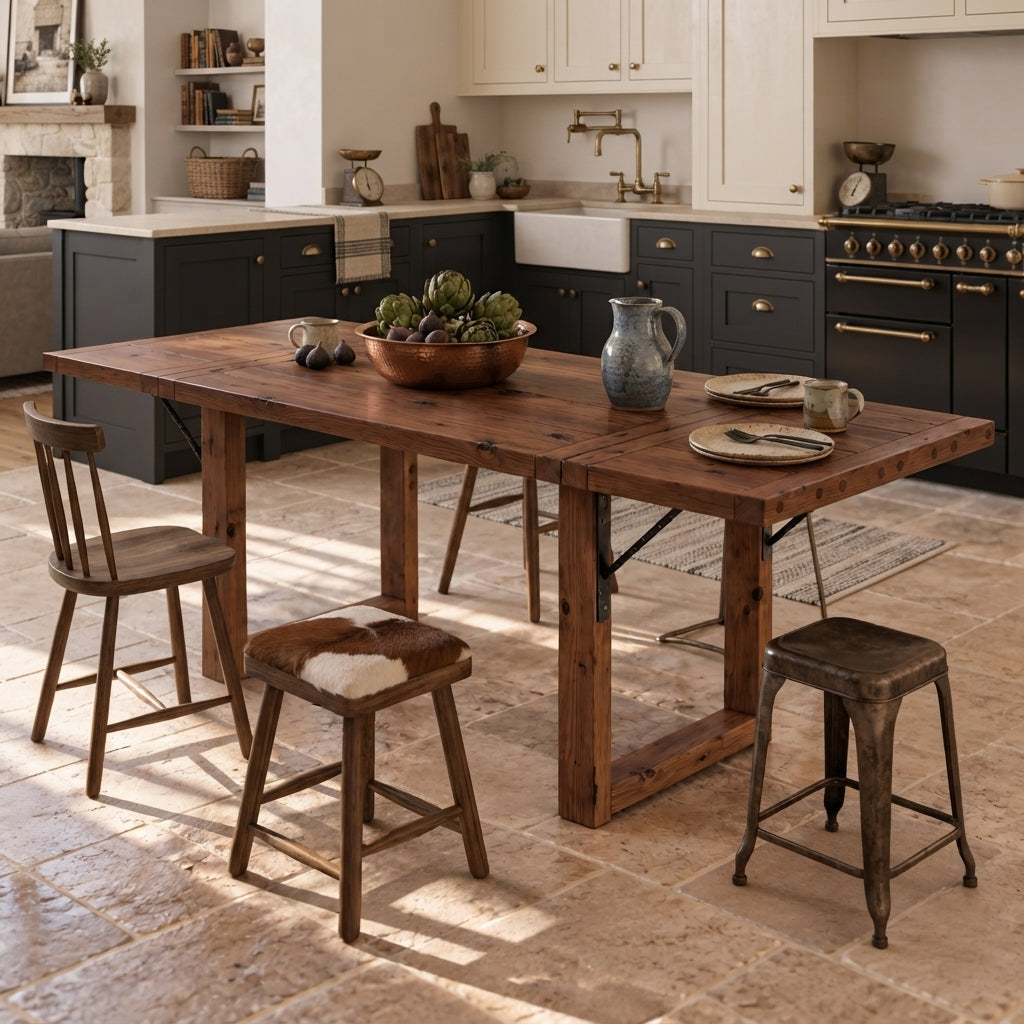 AURELIA Walnut Colour Solid Wood Extendable Dining Table with Folding Ends | Rustic Farmhouse Foldable Table