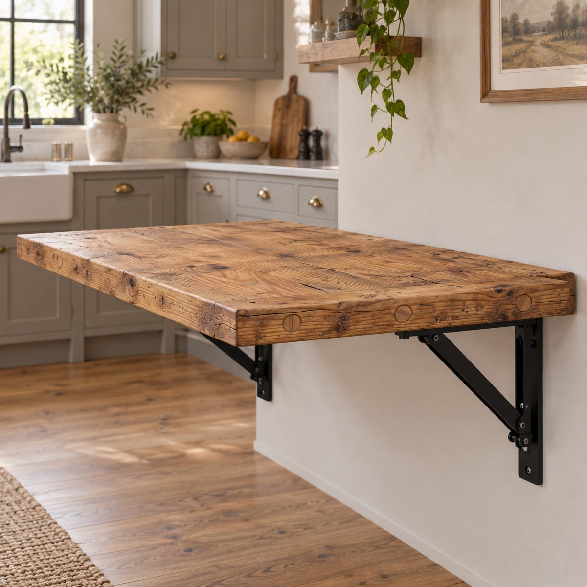 AVELINE Foldable Wall-Mounted Solid Wood Table – Rustic Wood with Heavy-Duty Black Brackets – Space-Saving Desk for Kitchen, Office, or Small Spaces
