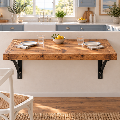 AVELINE Foldable Wall-Mounted Solid Wood Table – Rustic Wood with Heavy-Duty Black Brackets – Space-Saving Desk for Kitchen, Office, or Small Spaces