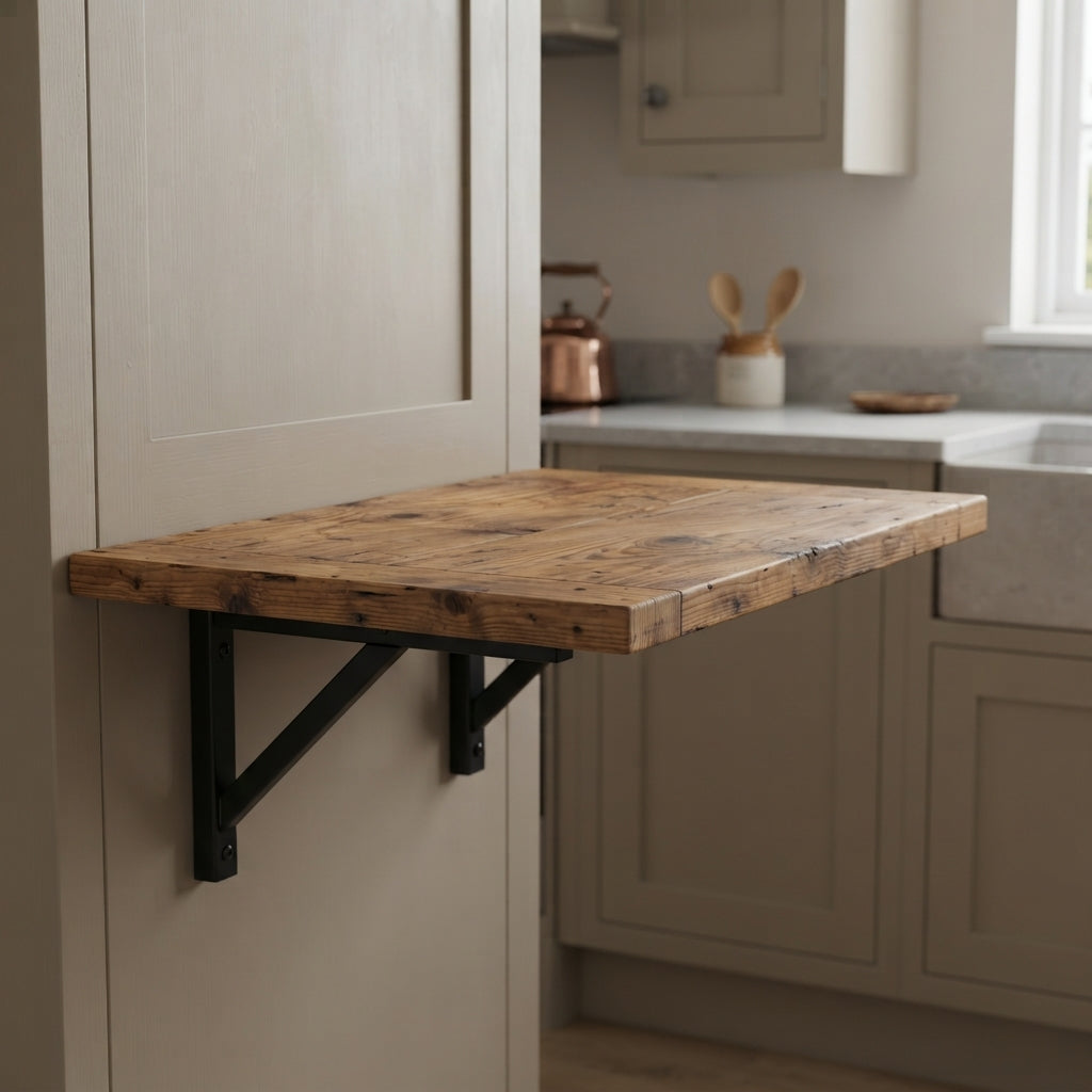 AVELINE Foldable Wall-Mounted Solid Wood Table – Rustic Wood with Heavy-Duty Black Brackets – Space-Saving Desk for Kitchen, Office, or Small Spaces