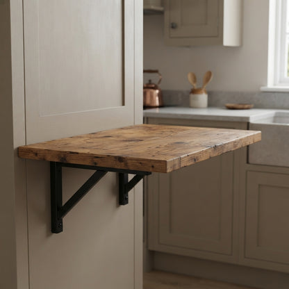AVELINE Foldable Wall-Mounted Solid Wood Table – Rustic Wood with Heavy-Duty Black Brackets – Space-Saving Desk for Kitchen, Office, or Small Spaces