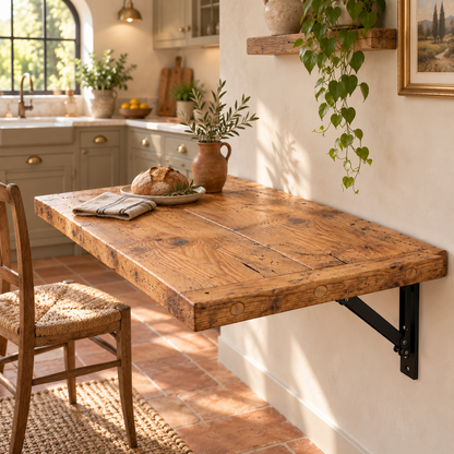 AVELINE Foldable Wall-Mounted Solid Wood Table – Rustic Wood with Heavy-Duty Black Brackets – Space-Saving Desk for Kitchen, Office, or Small Spaces