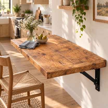 AVELINE Foldable Wall-Mounted Solid Wood Table – Rustic Wood with Heavy-Duty Black Brackets – Space-Saving Desk for Kitchen, Office, or Small Spaces