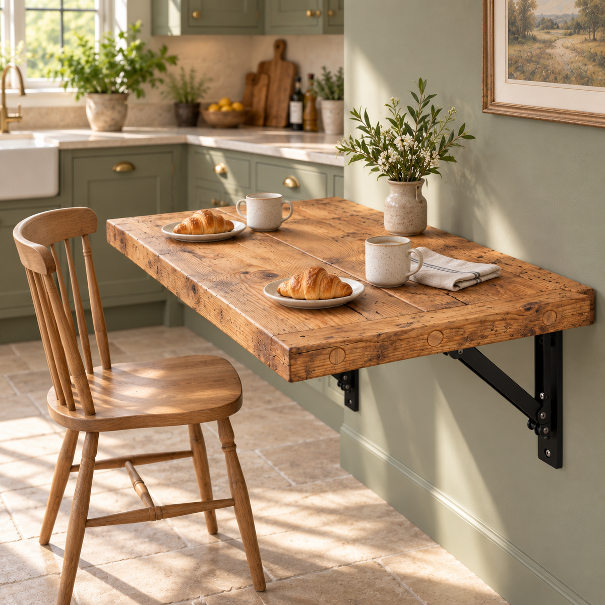 AVELINE Foldable Wall-Mounted Solid Wood Table – Rustic Wood with Heavy-Duty Black Brackets – Space-Saving Desk for Kitchen, Office, or Small Spaces