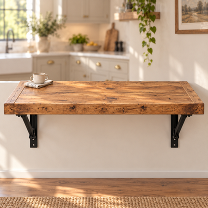 AVELINE Foldable Wall-Mounted Solid Wood Table – Rustic Wood with Heavy-Duty Black Brackets – Space-Saving Desk for Kitchen, Office, or Small Spaces