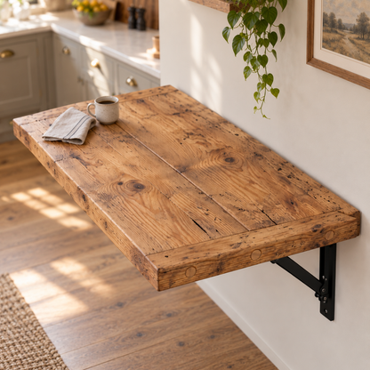 AVELINE Foldable Wall-Mounted Solid Wood Table – Rustic Wood with Heavy-Duty Black Brackets – Space-Saving Desk for Kitchen, Office, or Small Spaces