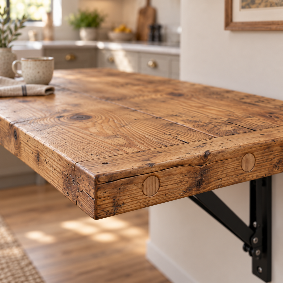 AVELINE Foldable Wall-Mounted Solid Wood Table – Rustic Wood with Heavy-Duty Black Brackets – Space-Saving Desk for Kitchen, Office, or Small Spaces