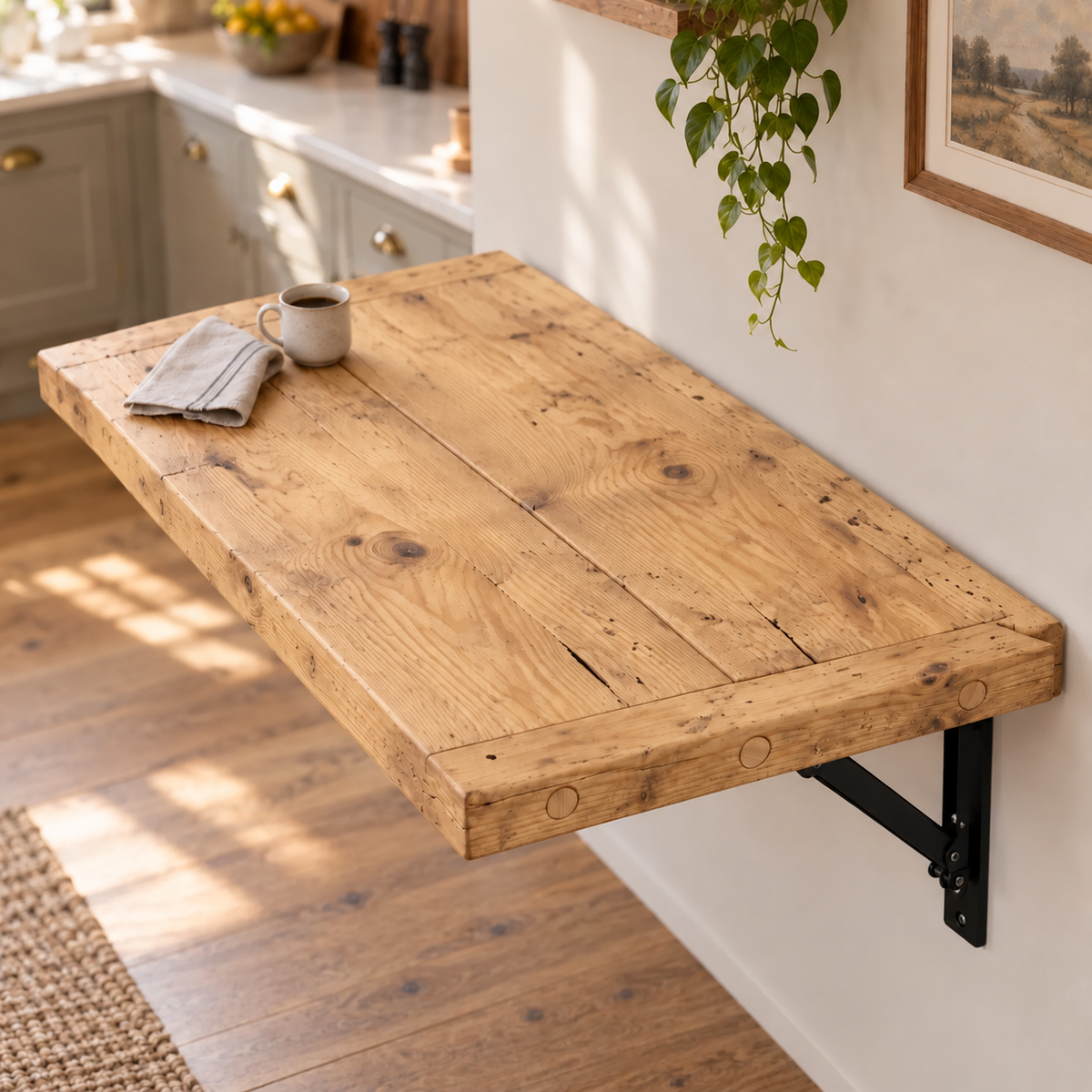 AVELINE Light Oak Colour Foldable Wall-Mounted Solid Wood Table – Rustic Wood with Heavy-Duty Black Brackets – Space-Saving Desk for Kitchen, Office, or Small Spaces