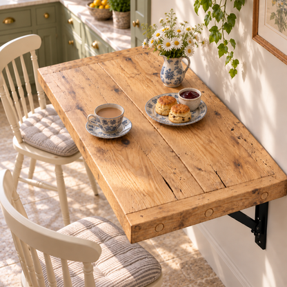 AVELINE Light Oak Colour Foldable Wall-Mounted Solid Wood Table – Rustic Wood with Heavy-Duty Black Brackets – Space-Saving Desk for Kitchen, Office, or Small Spaces