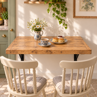 AVELINE Light Oak Colour Foldable Wall-Mounted Solid Wood Table – Rustic Wood with Heavy-Duty Black Brackets – Space-Saving Desk for Kitchen, Office, or Small Spaces