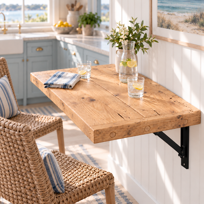 AVELINE Light Oak Colour Foldable Wall-Mounted Solid Wood Table – Rustic Wood with Heavy-Duty Black Brackets – Space-Saving Desk for Kitchen, Office, or Small Spaces