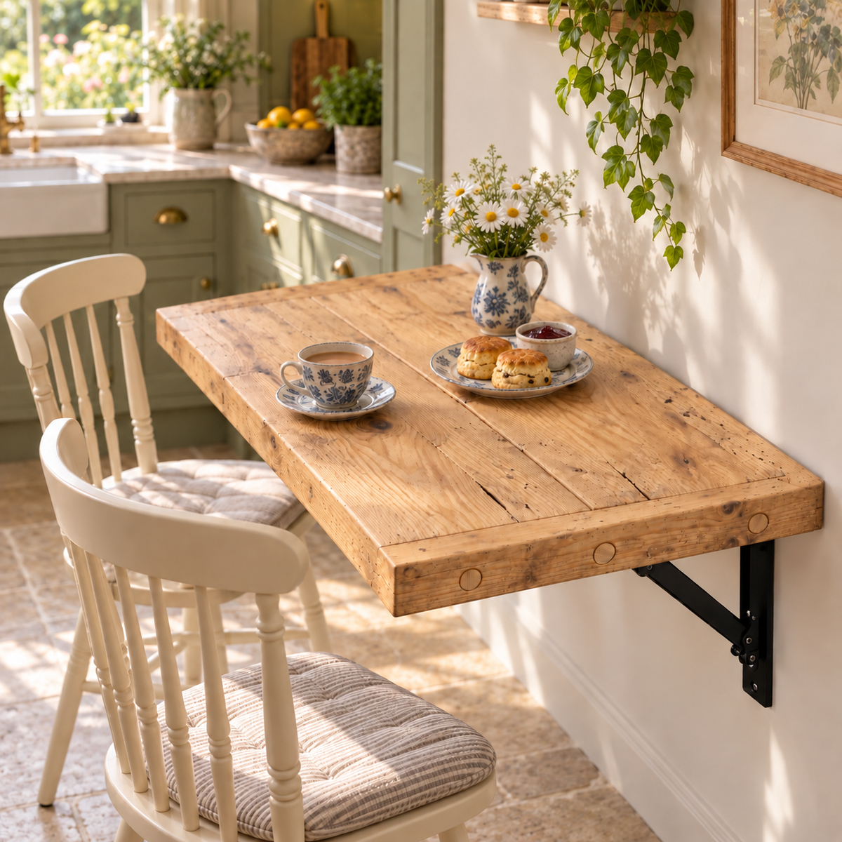 AVELINE Light Oak Colour Foldable Wall-Mounted Solid Wood Table – Rustic Wood with Heavy-Duty Black Brackets – Space-Saving Desk for Kitchen, Office, or Small Spaces