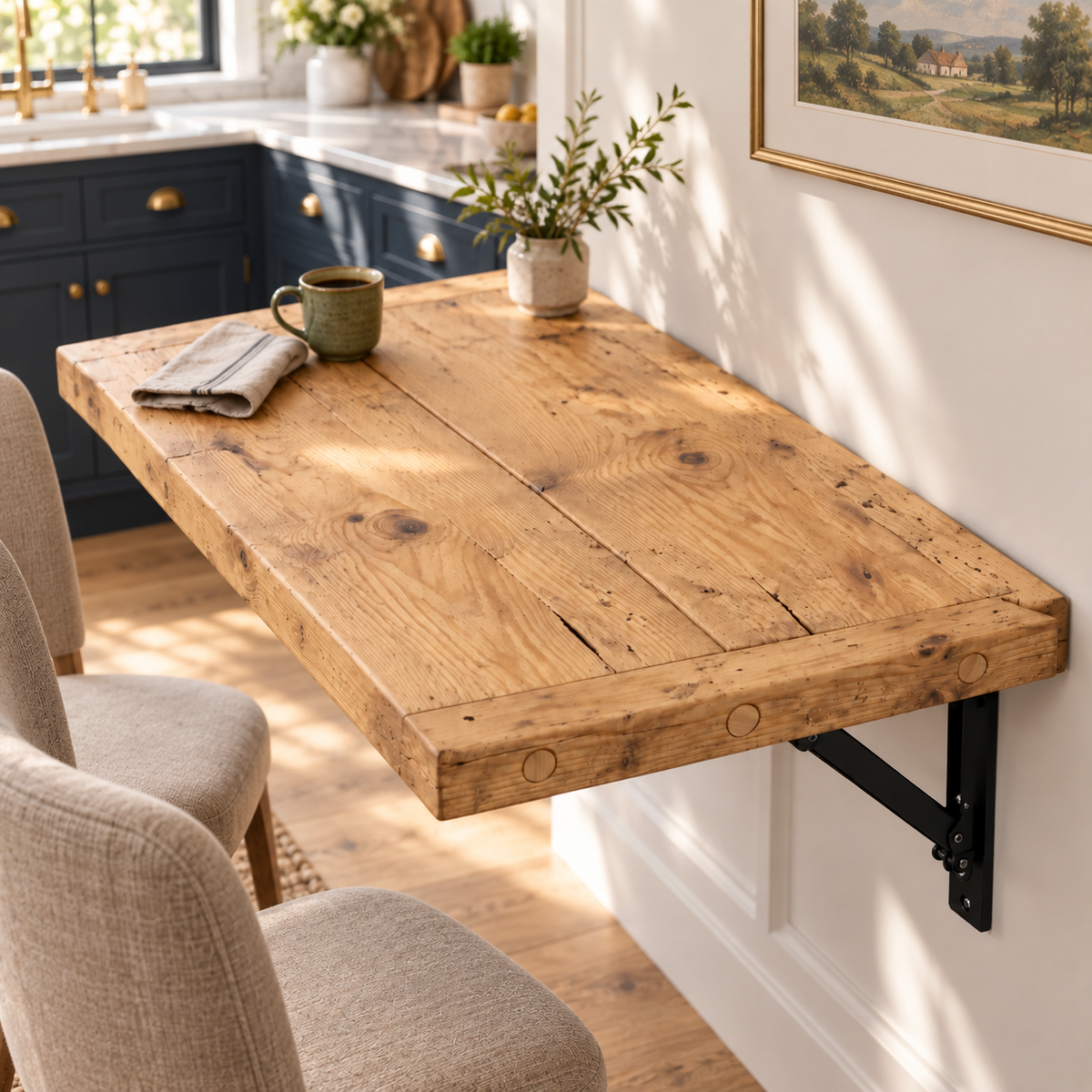 AVELINE Light Oak Colour Foldable Wall-Mounted Solid Wood Table – Rustic Wood with Heavy-Duty Black Brackets – Space-Saving Desk for Kitchen, Office, or Small Spaces