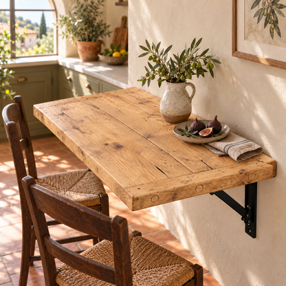 AVELINE Light Oak Colour Foldable Wall-Mounted Solid Wood Table – Rustic Wood with Heavy-Duty Black Brackets – Space-Saving Desk for Kitchen, Office, or Small Spaces