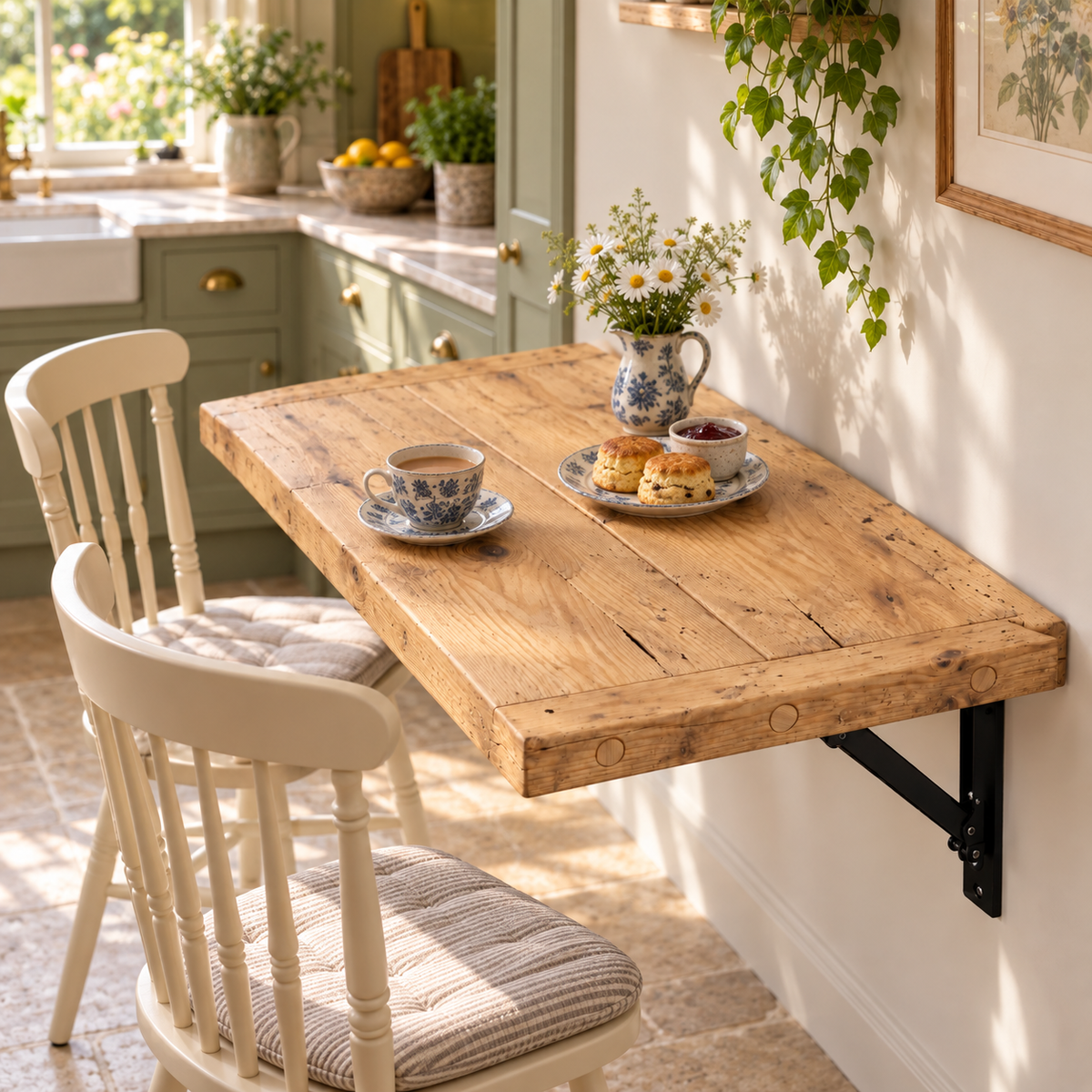 AVELINE Light Oak Colour Foldable Wall-Mounted Solid Wood Table – Rustic Wood with Heavy-Duty Black Brackets – Space-Saving Desk for Kitchen, Office, or Small Spaces
